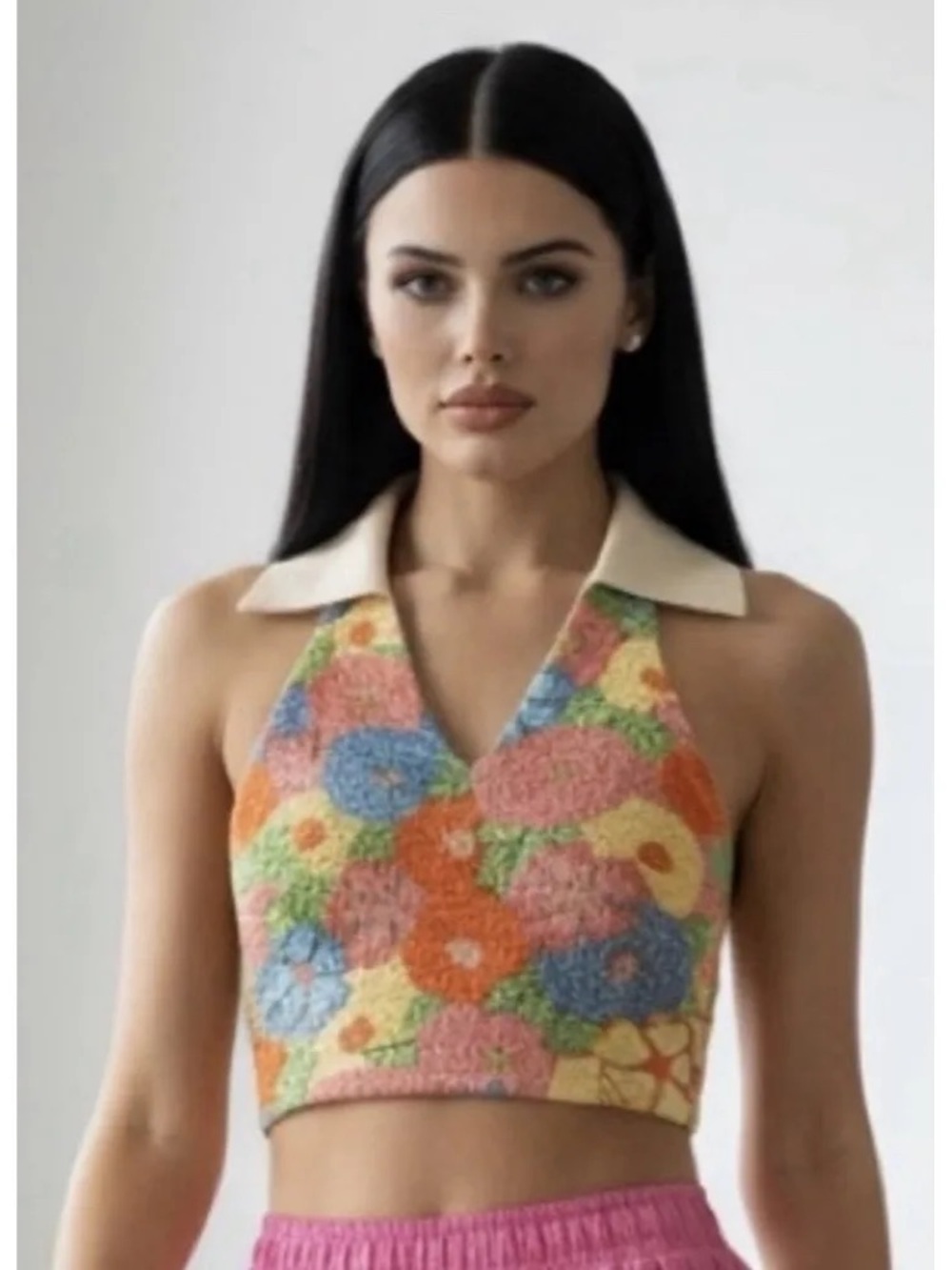 Zara Multicolor Floral Halter Tank Top with Cream Collar